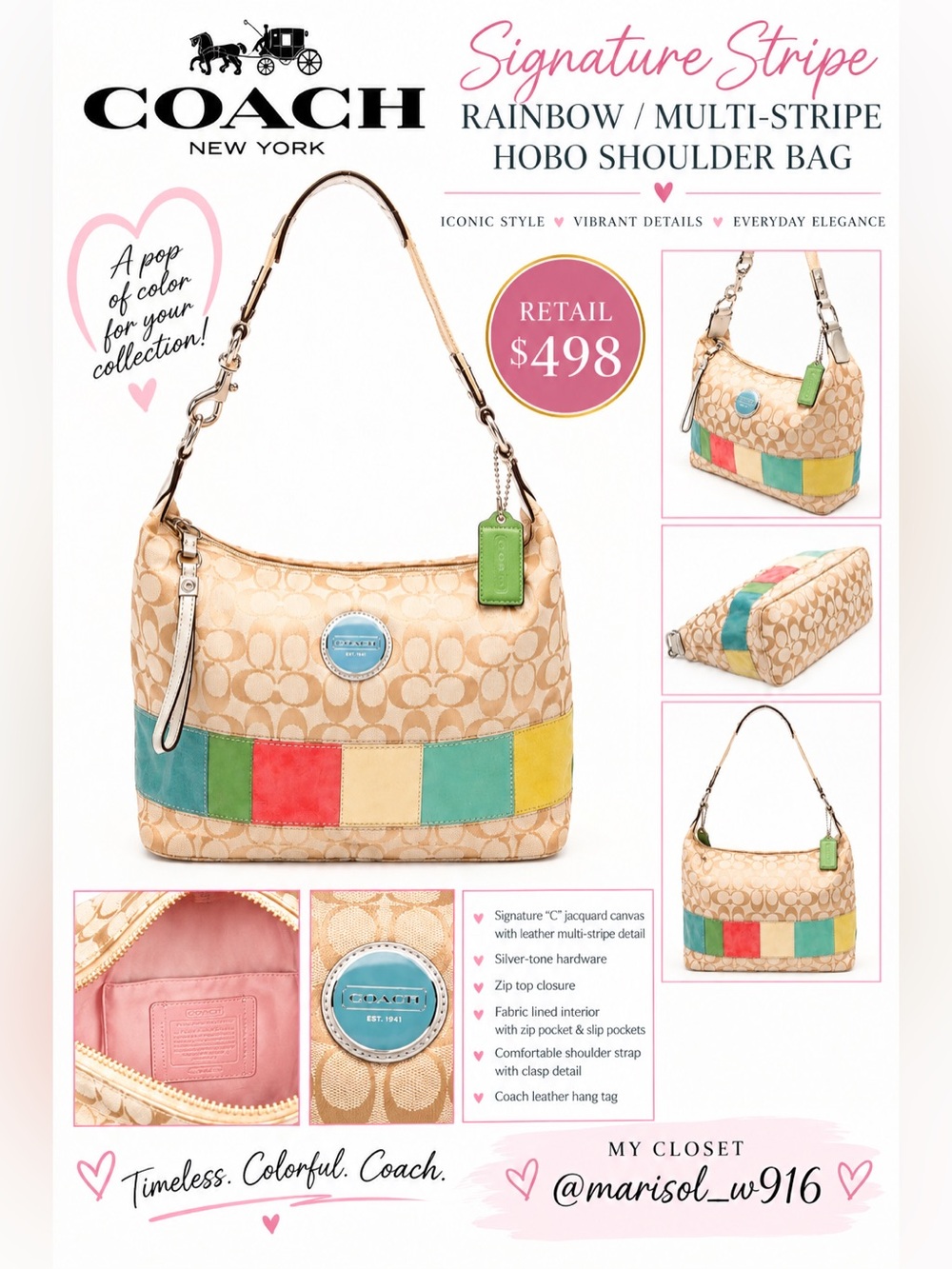 Coach Y2K Signature stripe rainbow hobo shoulder bag - Picture 1 of 6